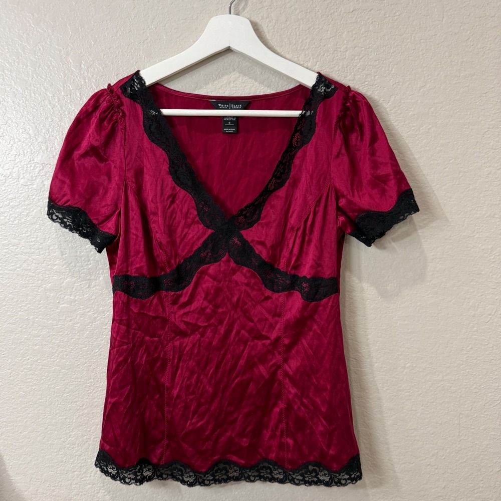 Y2K WHBM Red Silk Stretch Black Lace Trim Empire Waist Coquette Top Size 6